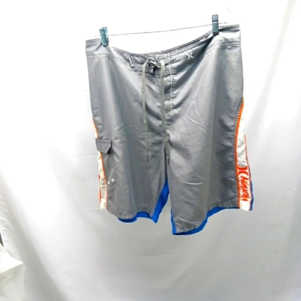Hurley Board Shorts Mens 38 Gray Front Blue Back 1 Pocket Orange White Accents.. - Picture 2 of 9